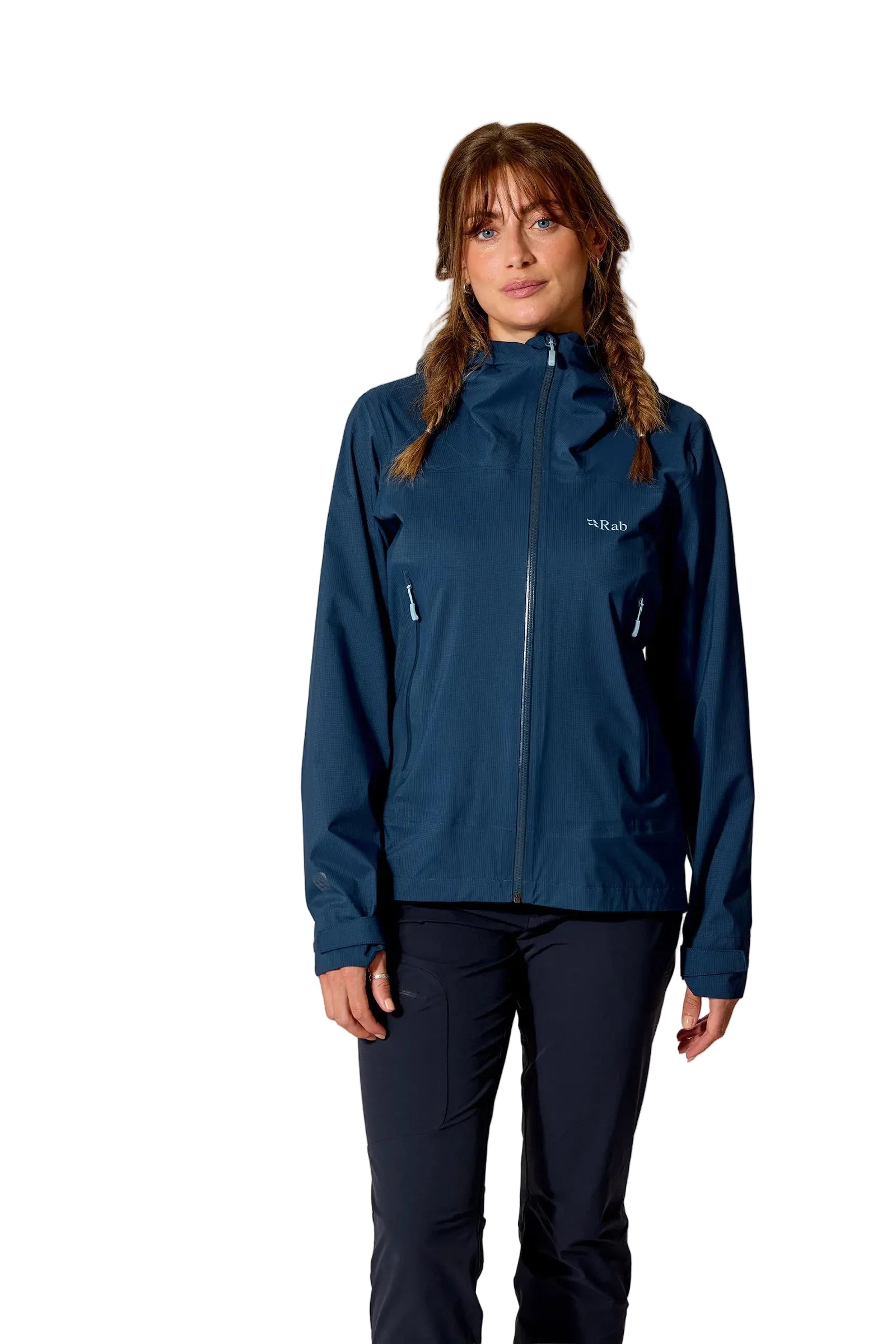 Rab Women's Firewall Light Waterproof Jacket in Tempest Blue - worn, front