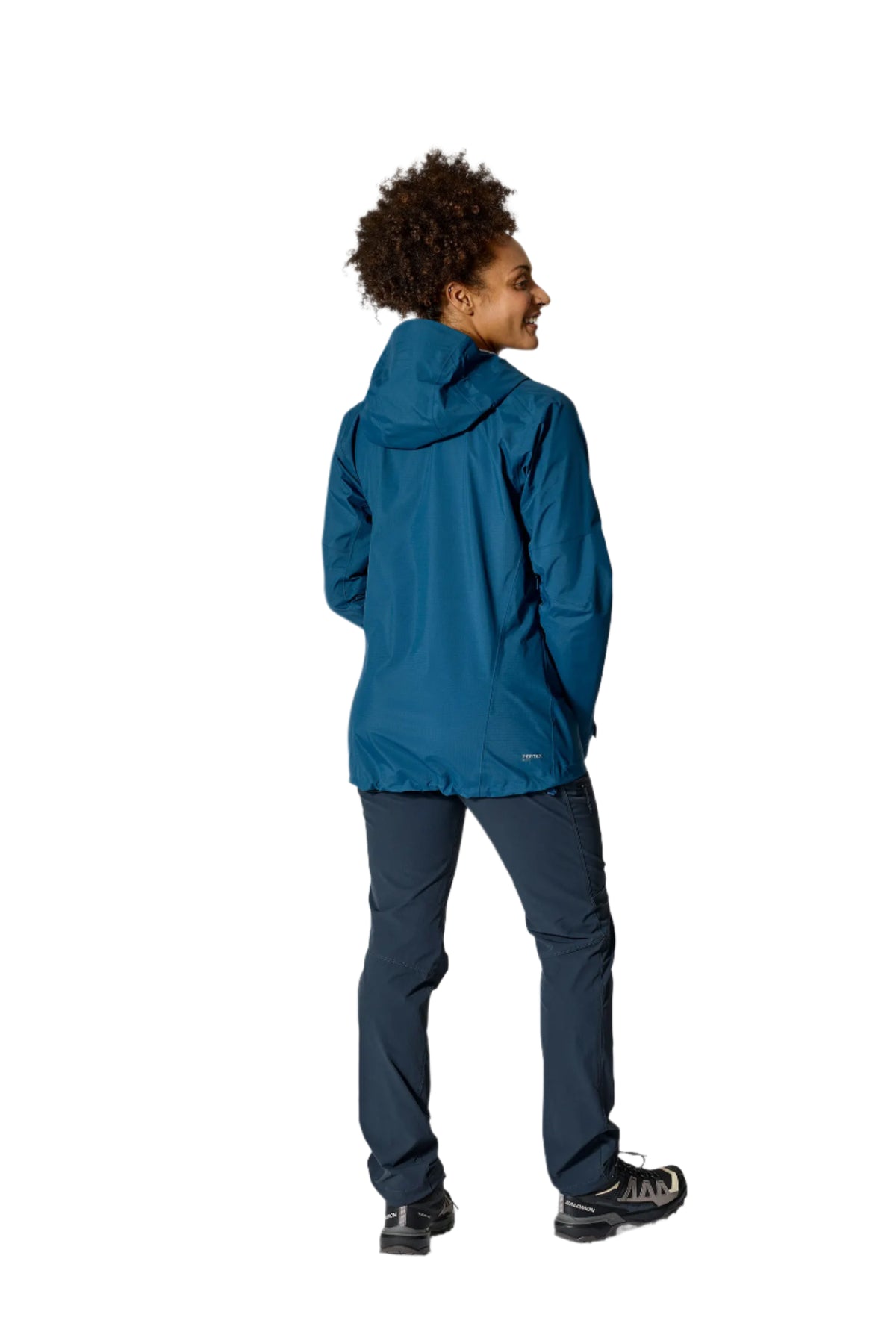 Rab Women's Firewall Mountain Waterproof Jacket in Tempest Blue - back, worn