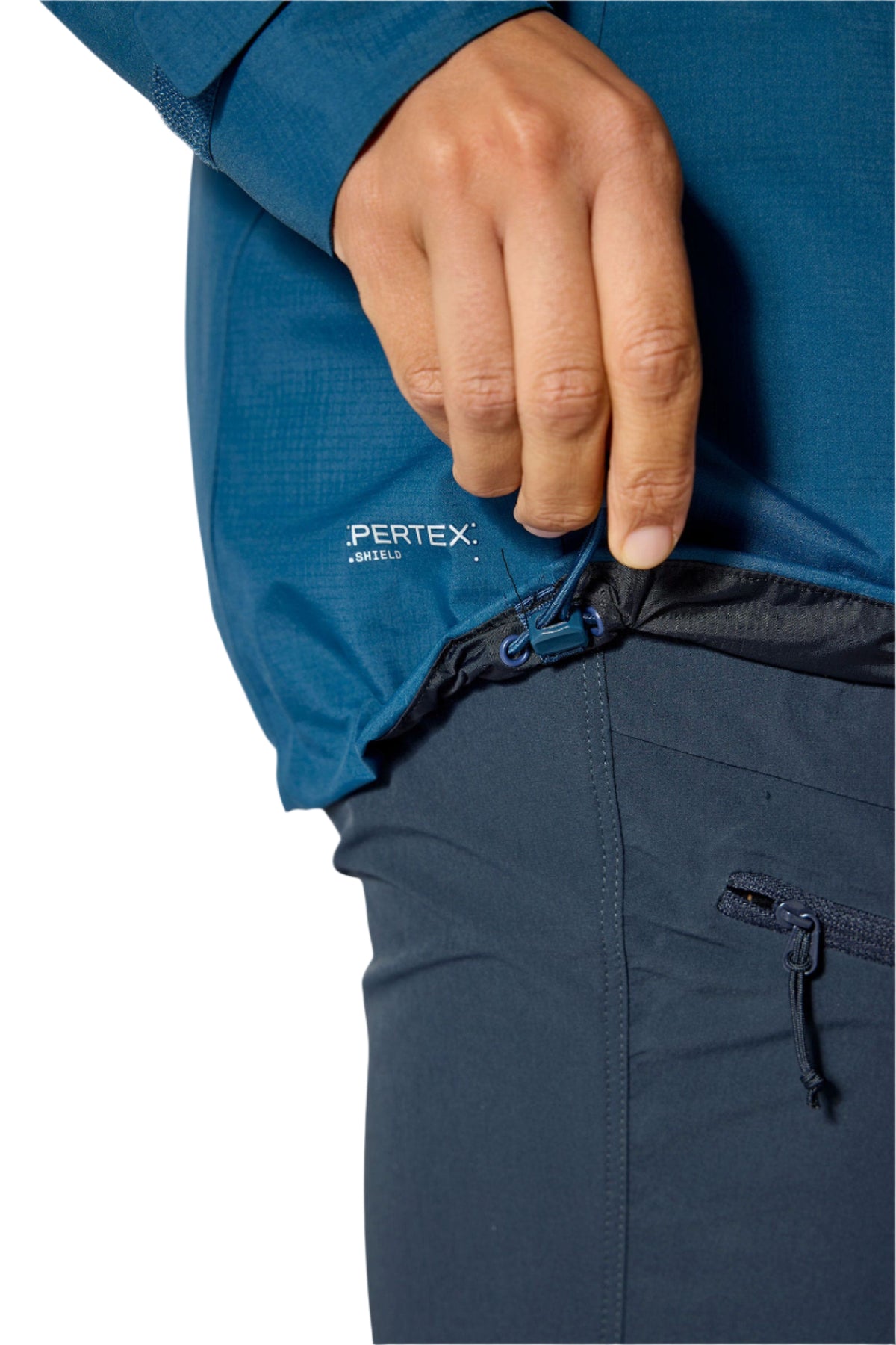 Rab Women's Firewall Mountain Waterproof Jacket in Tempest Blue - hand pocket detail, worn