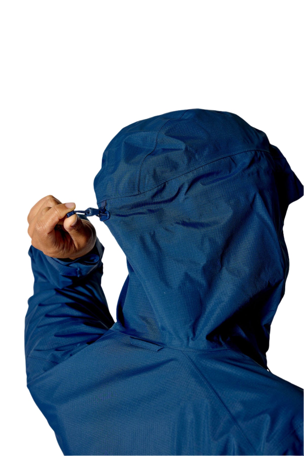 Rab Women's Firewall Mountain Waterproof Jacket in Tempest Blue - hood cinch detail, worn