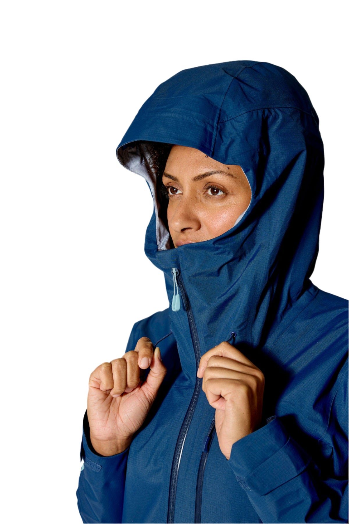 Rab Women's Firewall Mountain Waterproof Jacket in Tempest Blue - hood detail, worn