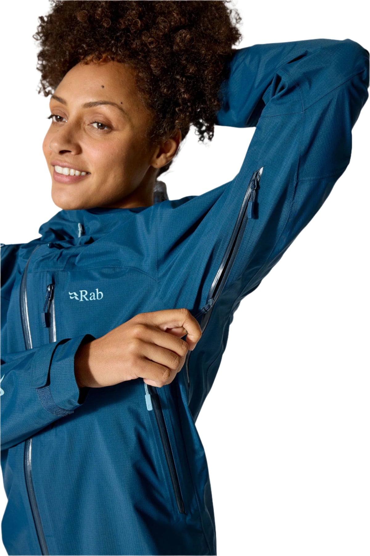 Rab Women's Firewall Mountain Waterproof Jacket in Tempest Blue - pit zip detail, worn