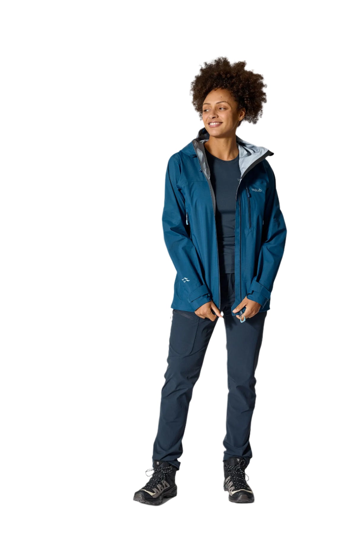 Rab Women's Firewall Mountain Waterproof Jacket in Tempest Blue - worn, full length