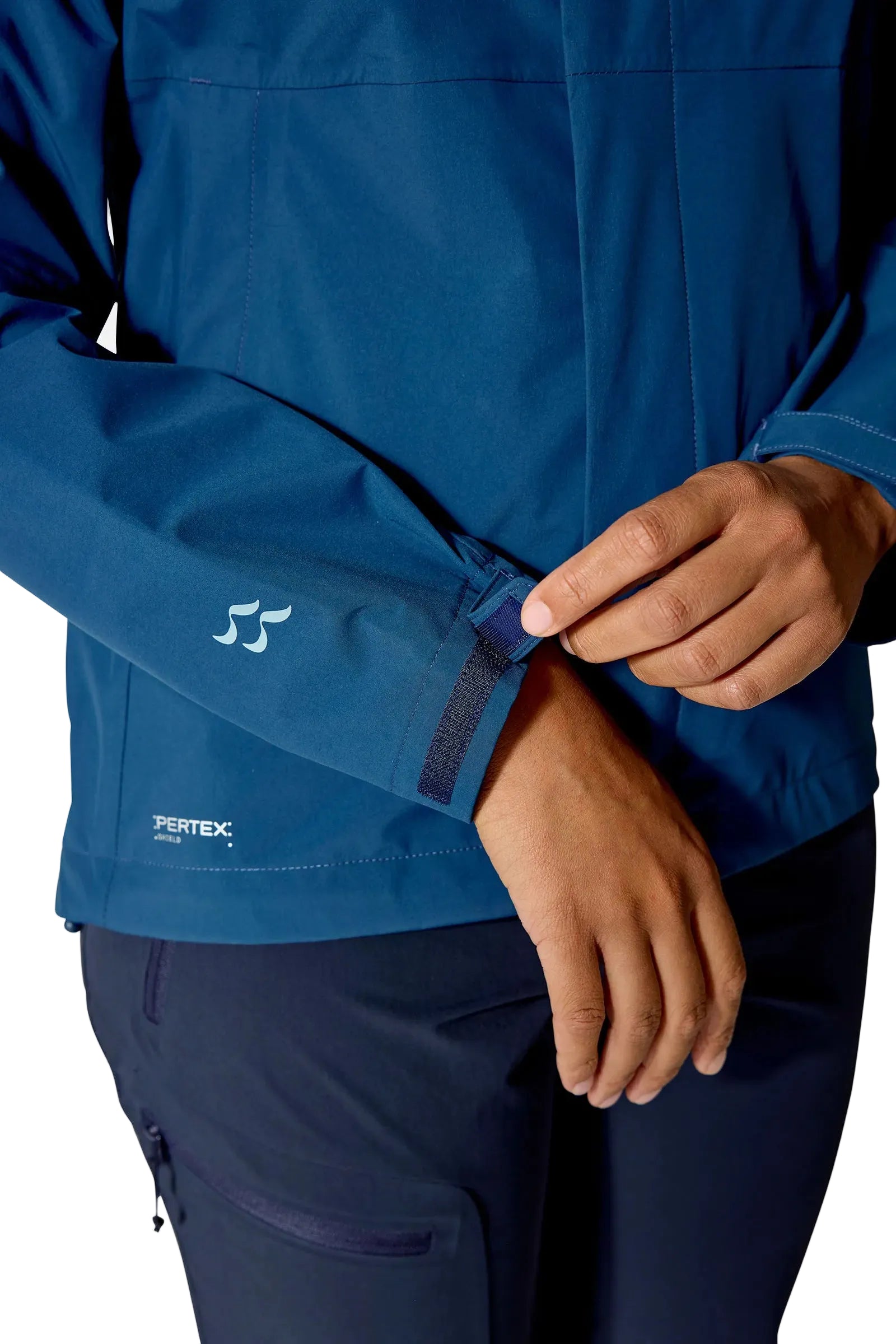 Rab Women's Firewall Waterproof Jacket in Tempest Blue - cuff detail on model