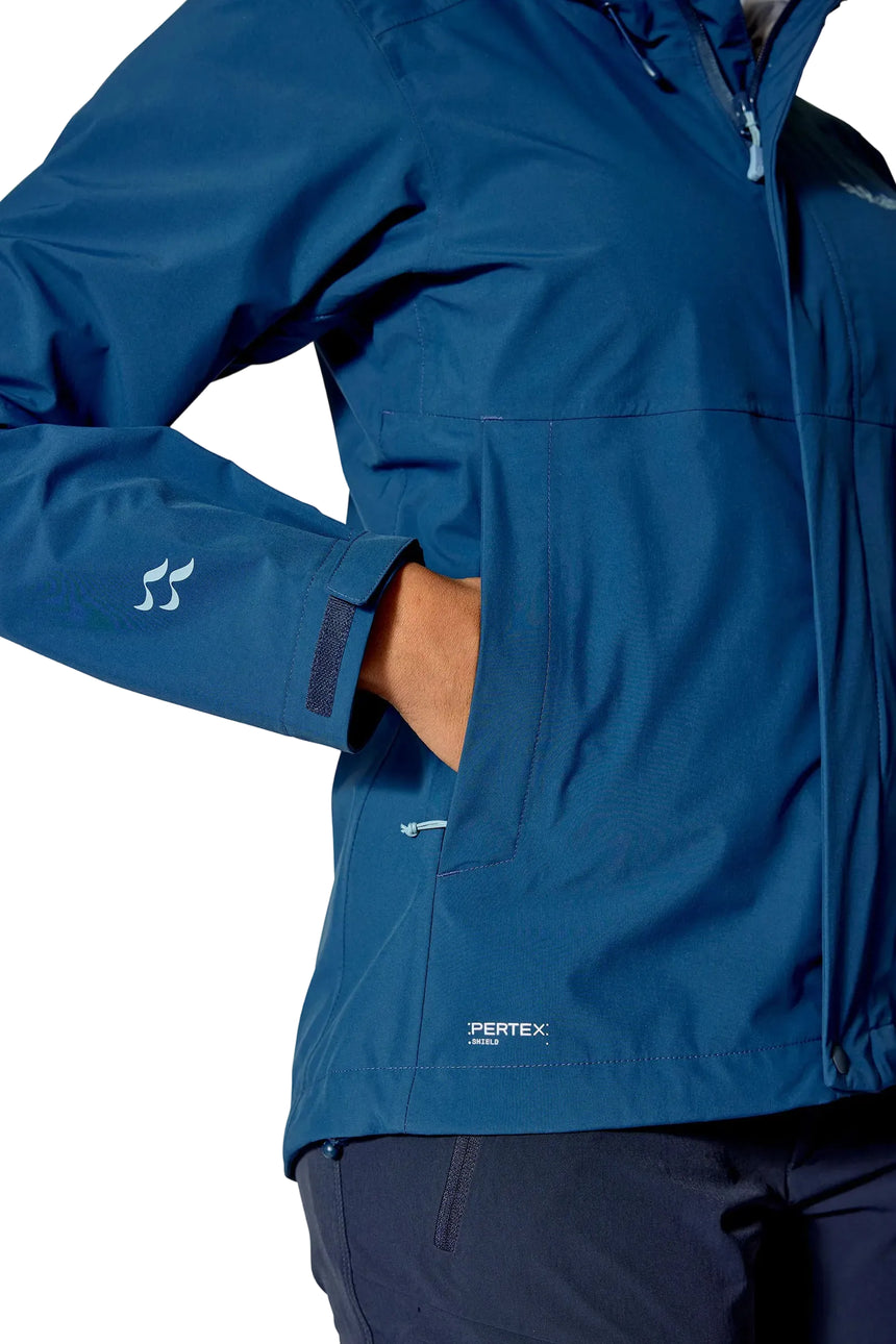 Rab Women's Firewall Waterproof Jacket in Tempest Blue - hip pocket detail on model