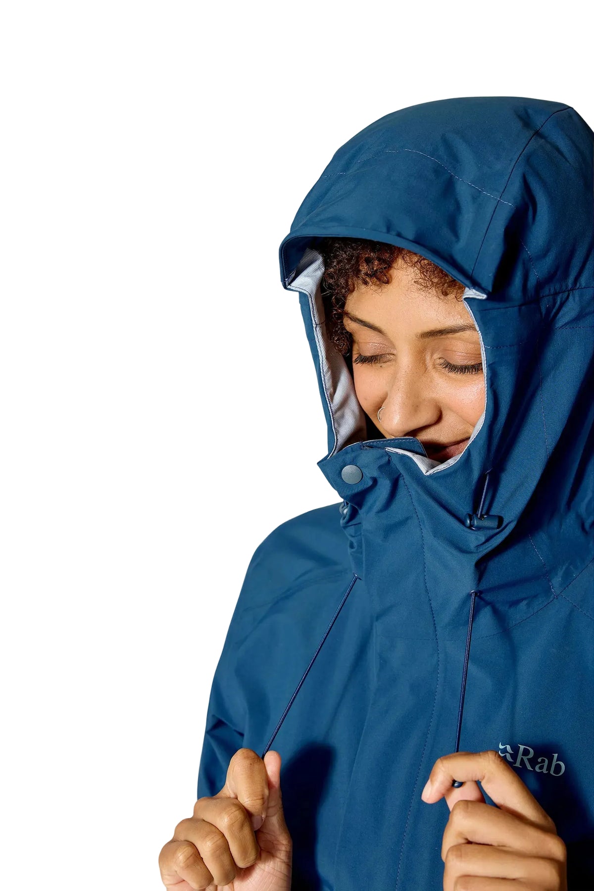 Rab Women's Firewall Waterproof Jacket in Tempest Blue - hood detail on model, front
