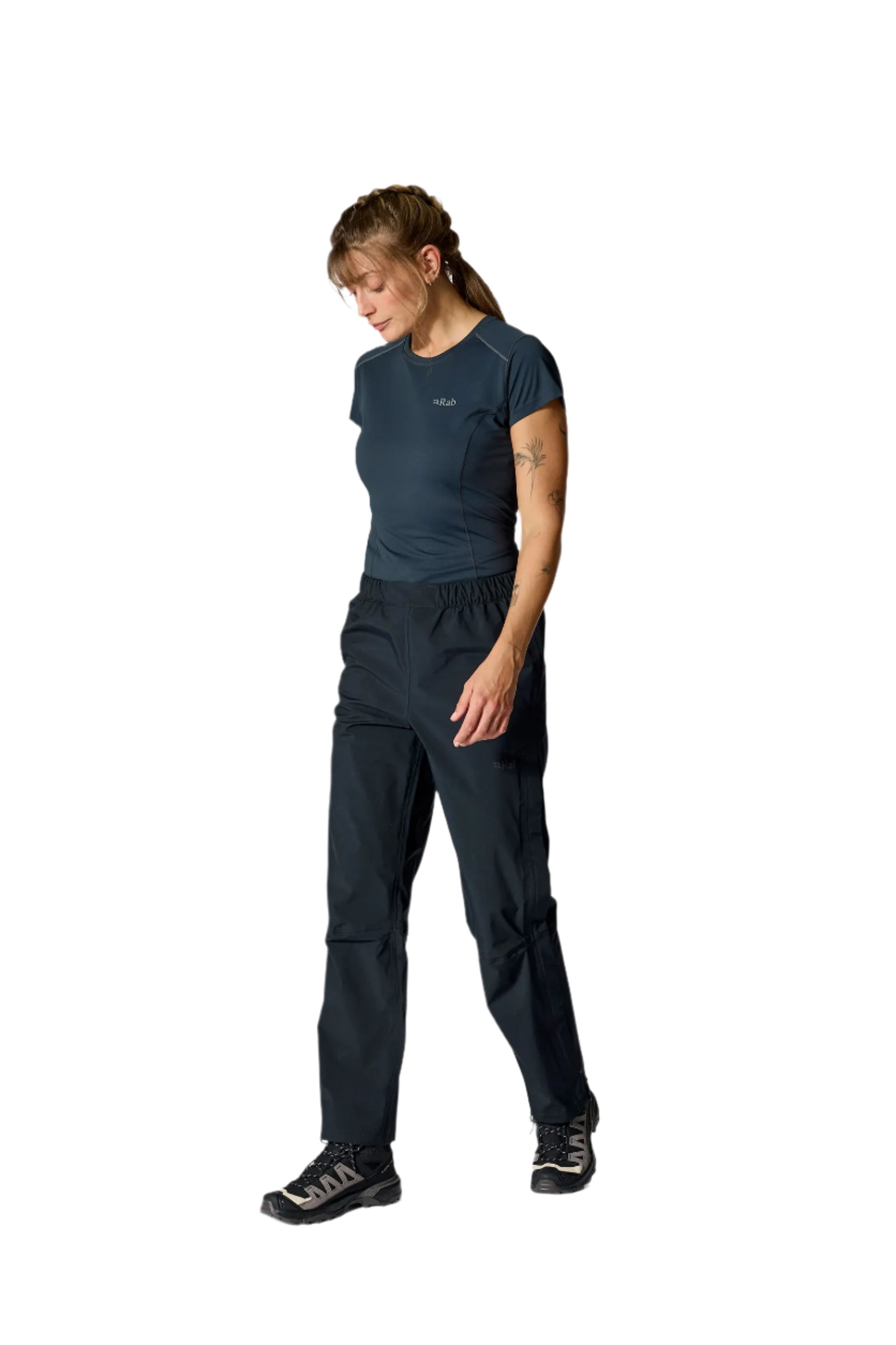 Rab Women's Firewall Waterproof Pants in Black - side zip detail, worn