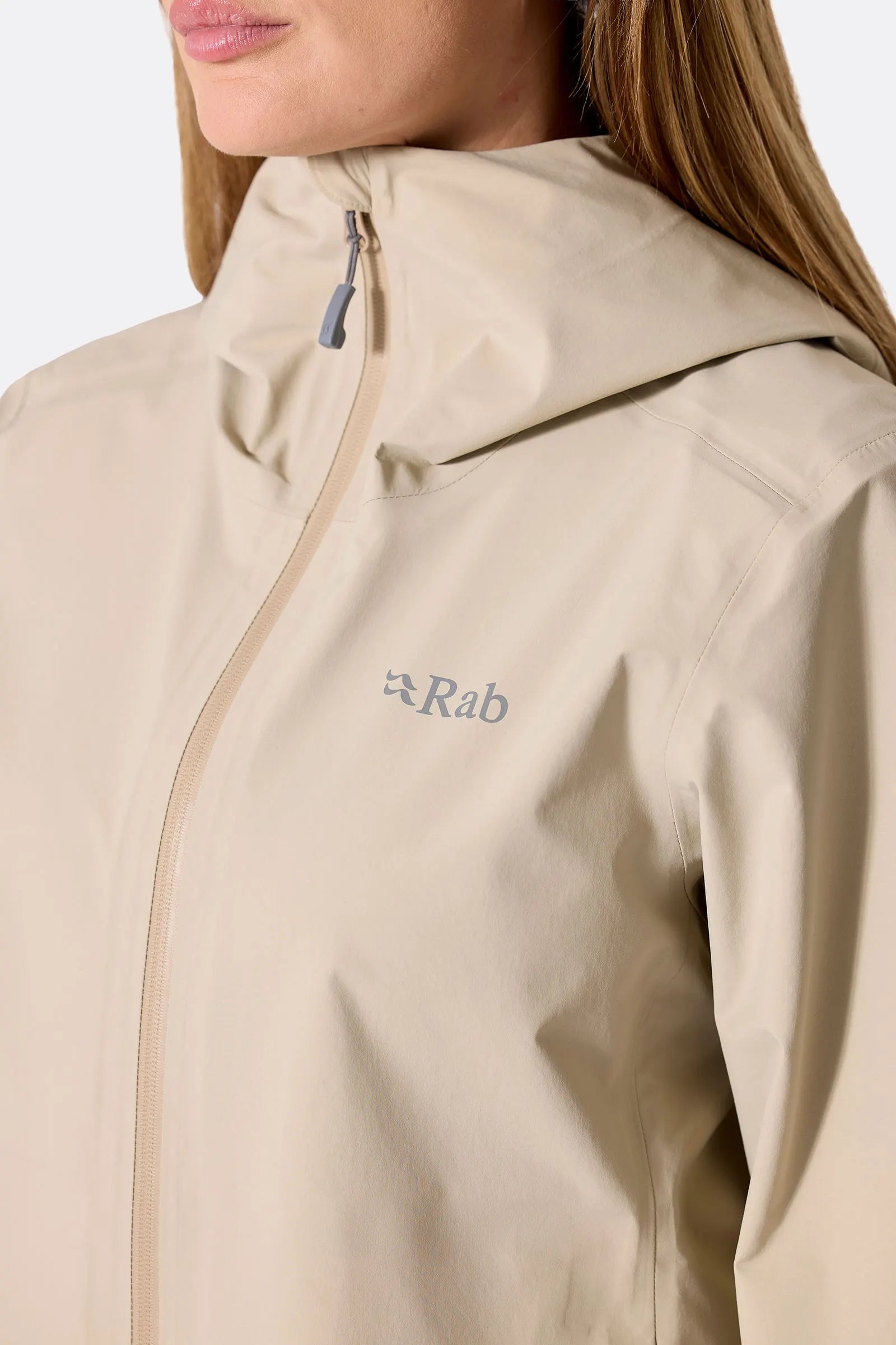 Rab Women's Firewall Waterproof Parka in Dark Pebble - collar detail on model (1 of 2)