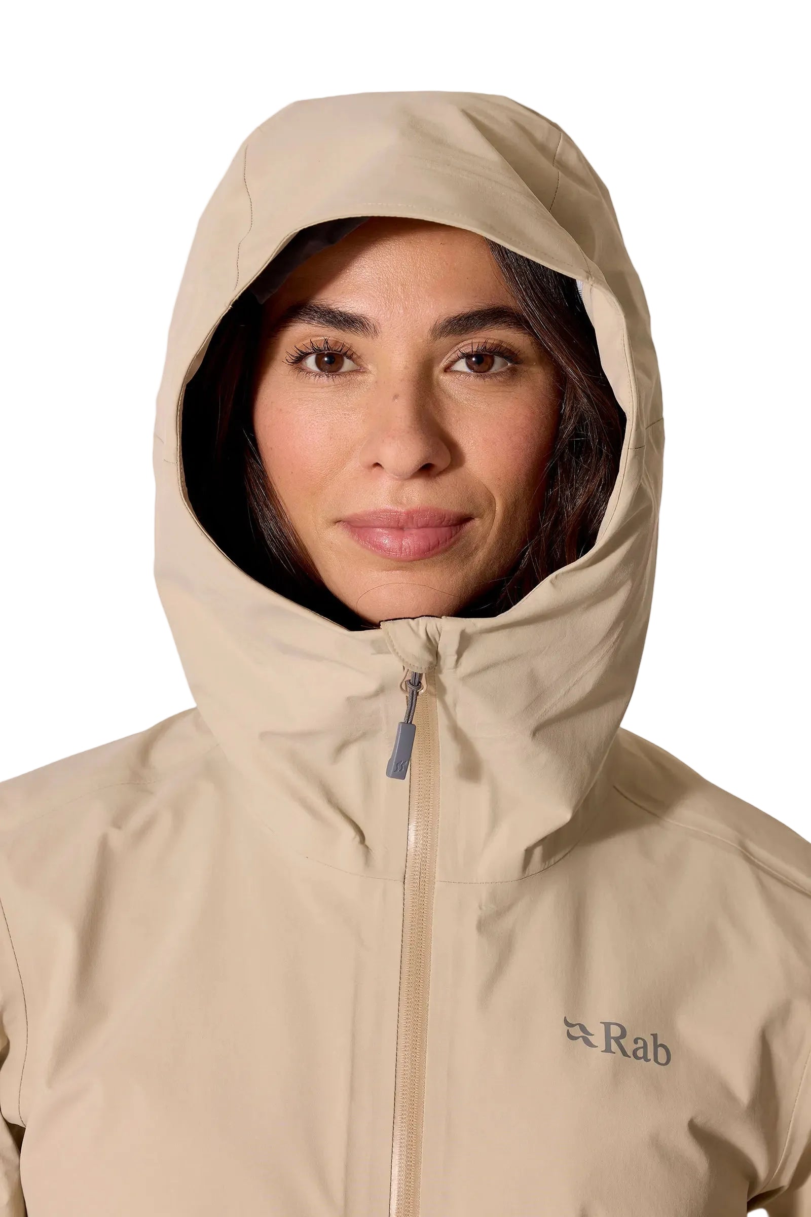 Rab Women's Firewall Waterproof Parka in Dark Pebble - hood detail on model (5 of 7)