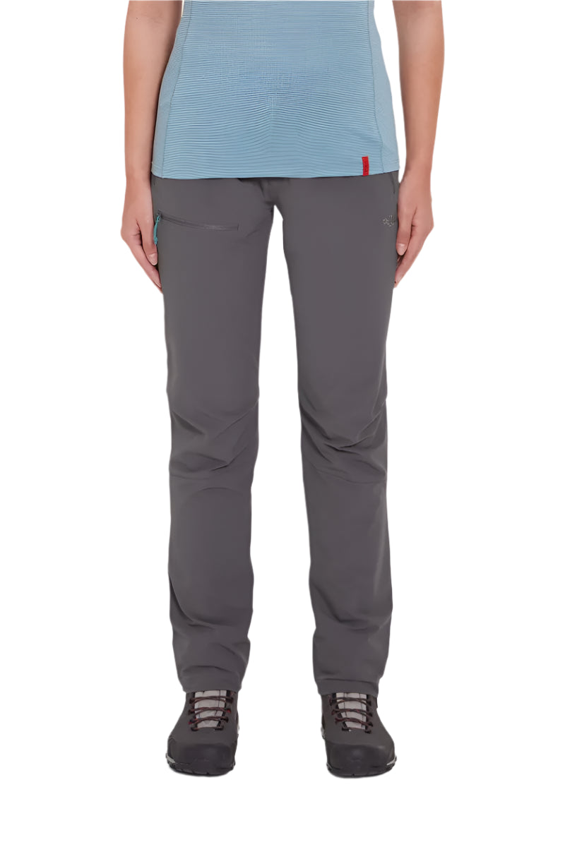 Rab Women's Incline AS Softshell Pants in Graphene - Worn, Front Detail