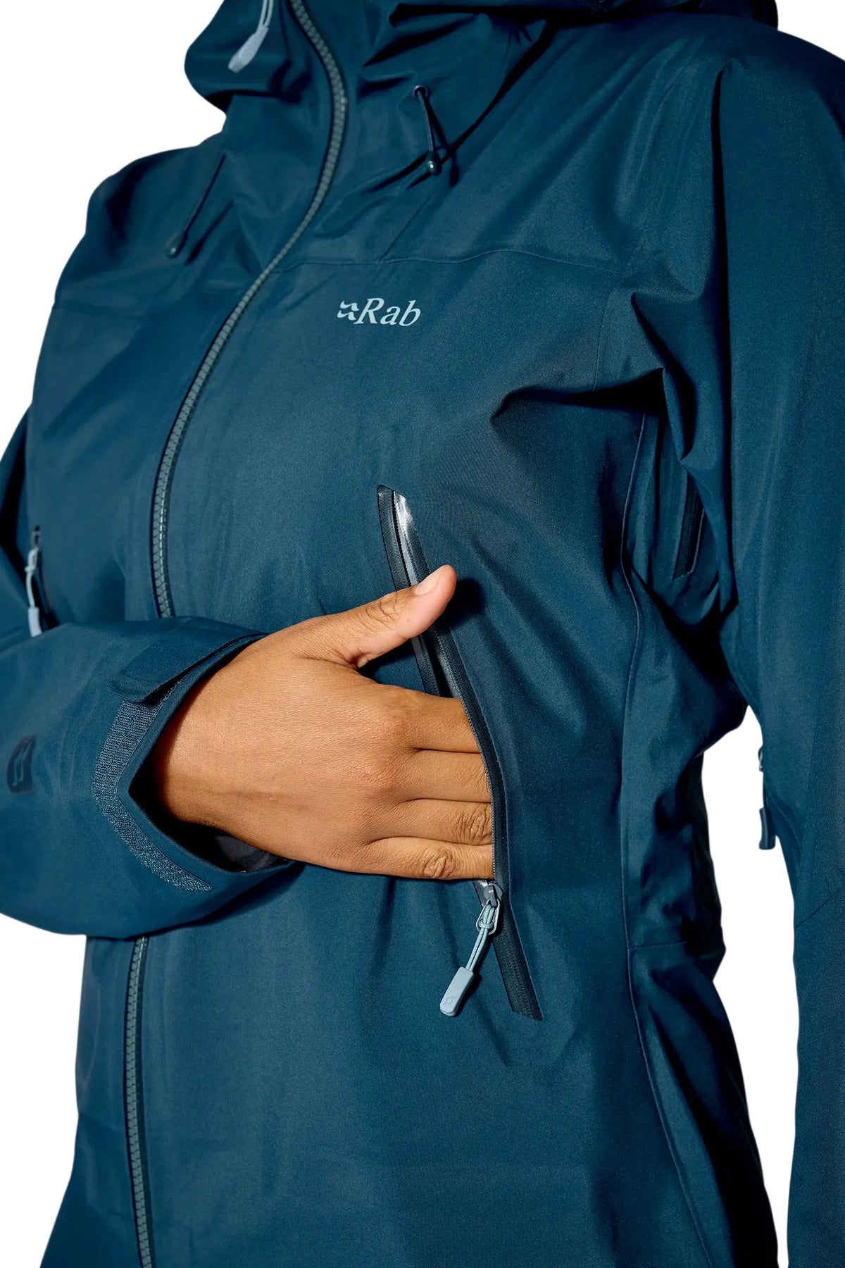 Rab Women's Kangri GORE-TEX Jacket in Tempest Blue - Hand Pocket Detail