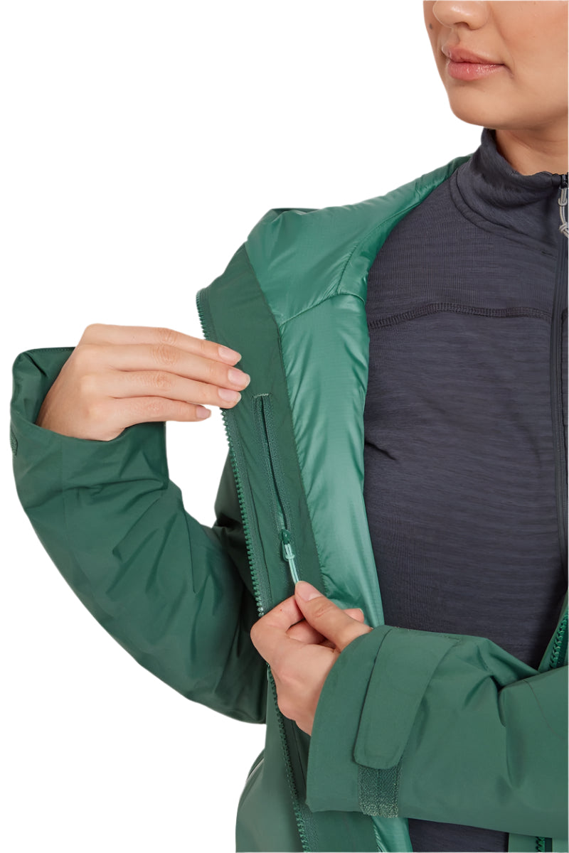Rab Women's Khroma Diffract Insulated Ski Jacket in Greenslate/Eucalyptus - chest pocket detail