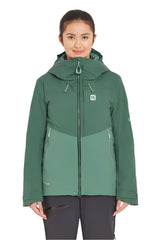 Rab Women's Khroma Diffract Insulated Ski Jacket in Greenslate/Eucalyptus - front, worn
