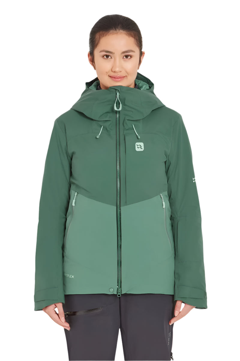 Rab Women's Khroma Diffract Insulated Ski Jacket in Greenslate/Eucalyptus - front, worn
