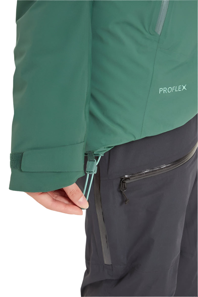 Rab Women's Khroma Diffract Insulated Ski Jacket in Greenslate/Eucalyptus - hip pocket detail