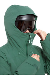 Rab Women's Khroma Diffract Insulated Ski Jacket in Greenslate/Eucalyptus - hood, worn