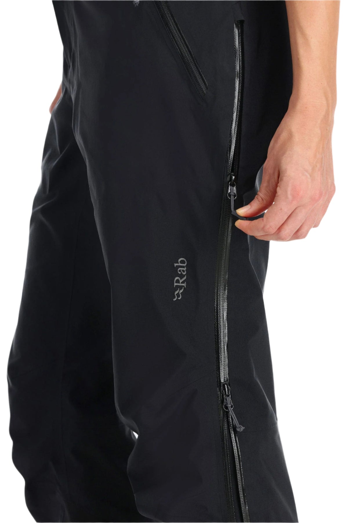 Rab Women's Latok GORE-TEX Pro Pants in Black - side zip detail, worn
