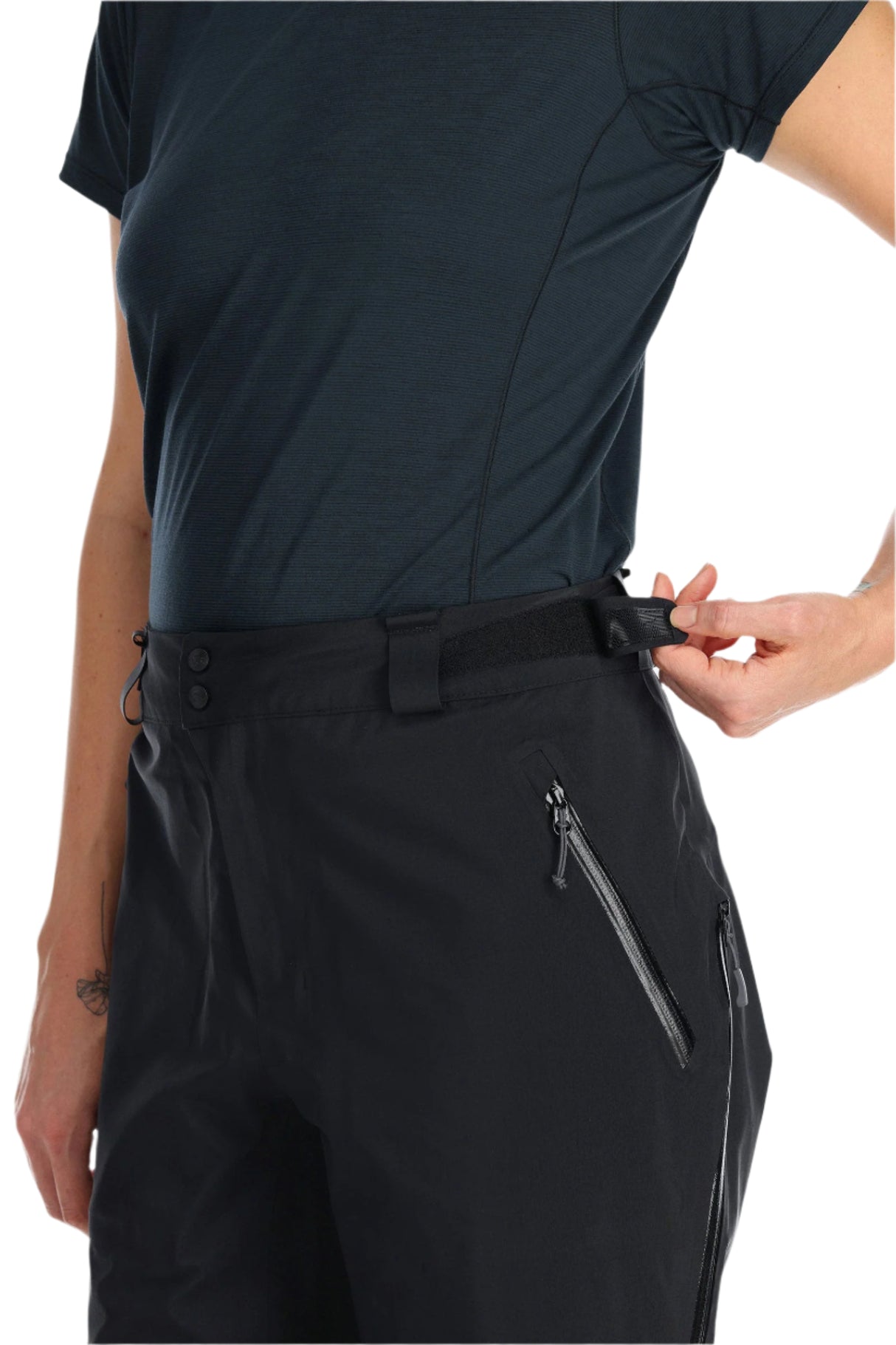 Rab Women's Latok GORE-TEX Pro Pants in Black - waist adjustment detail, worn
