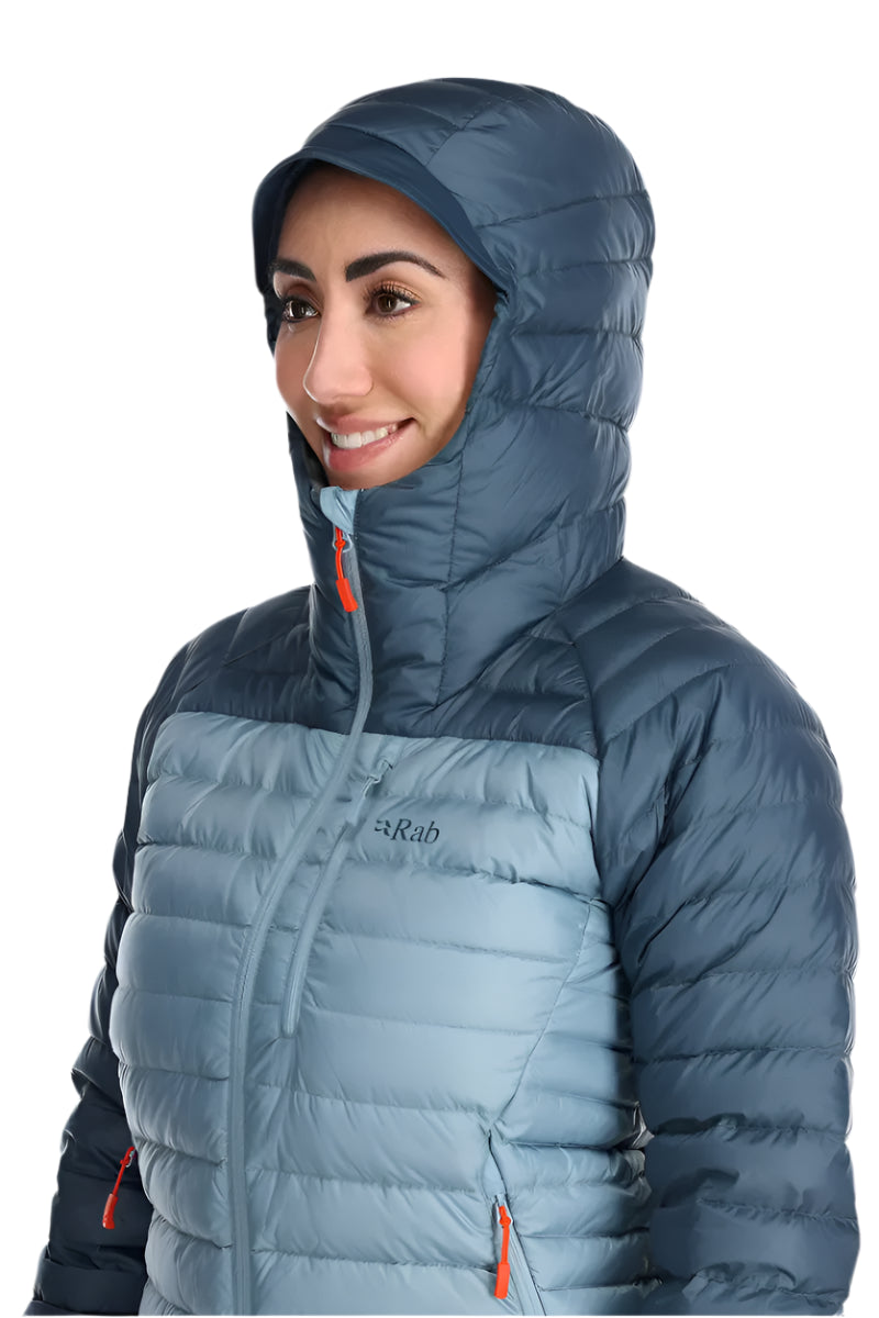 Rab Women's Microlight Alpine Down Jacket in Orion Blue (Reference) - Hood Detail, Worn