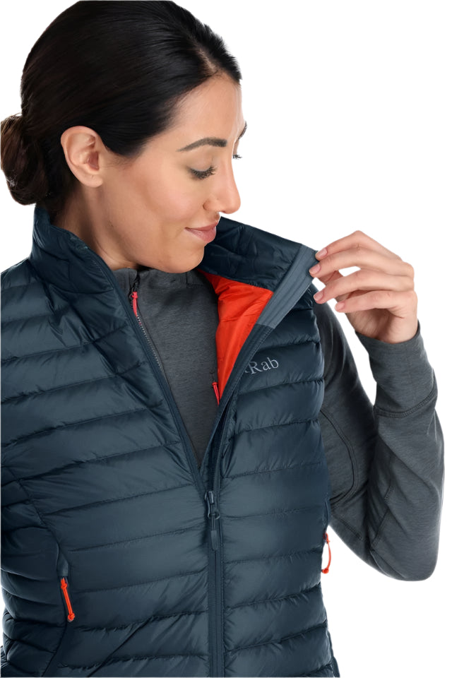 Rab Women's Microlight Down Vest in Orion Blue (Reference) - Chest Zip Detail, Worn