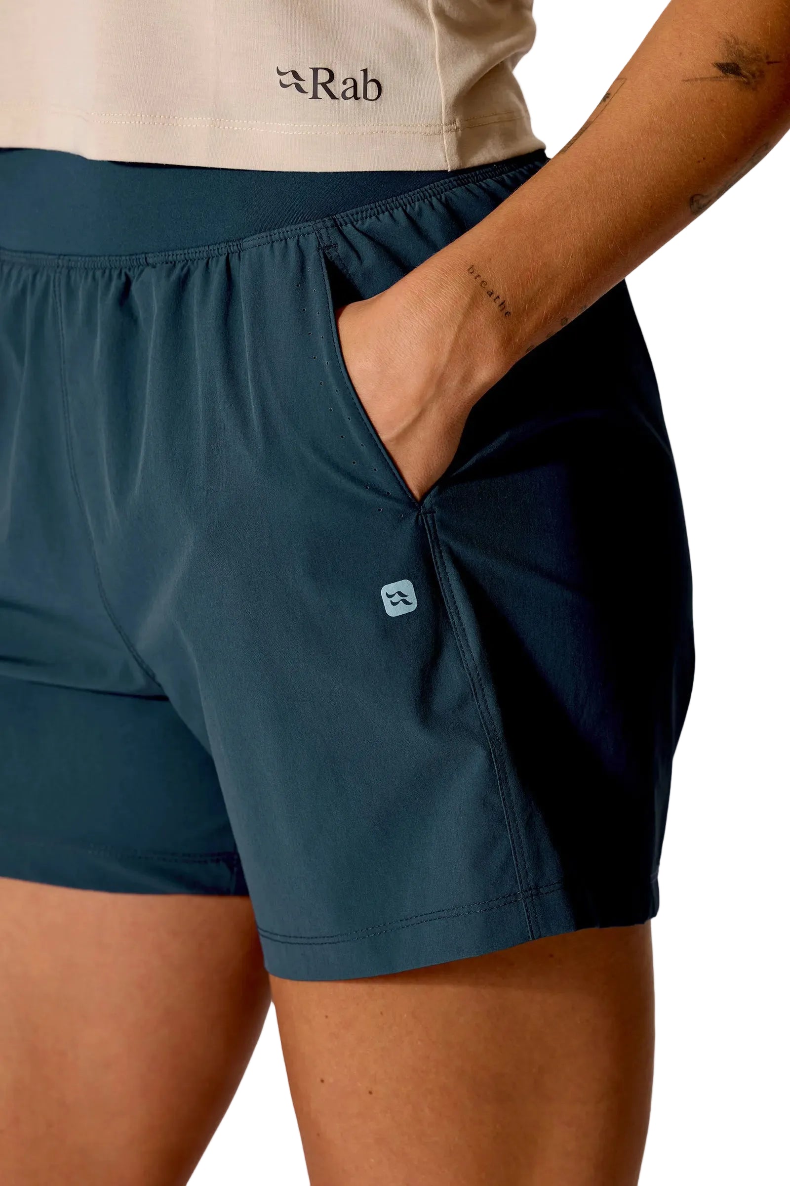 Rab Women's Momentum Shorts in Orion Blue - on model, side pocket detail