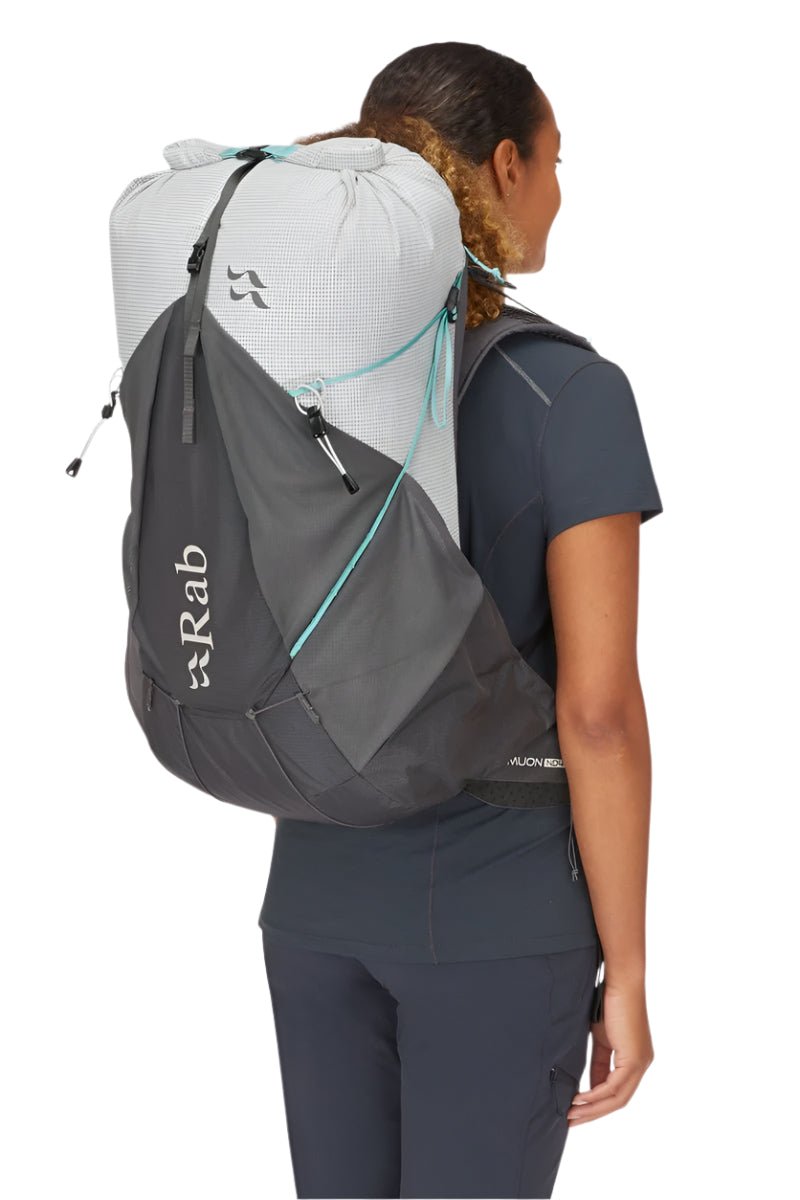 Rab Women's Muon ND40L Hiking Pack in Pewter/Graphene - On Model Back View