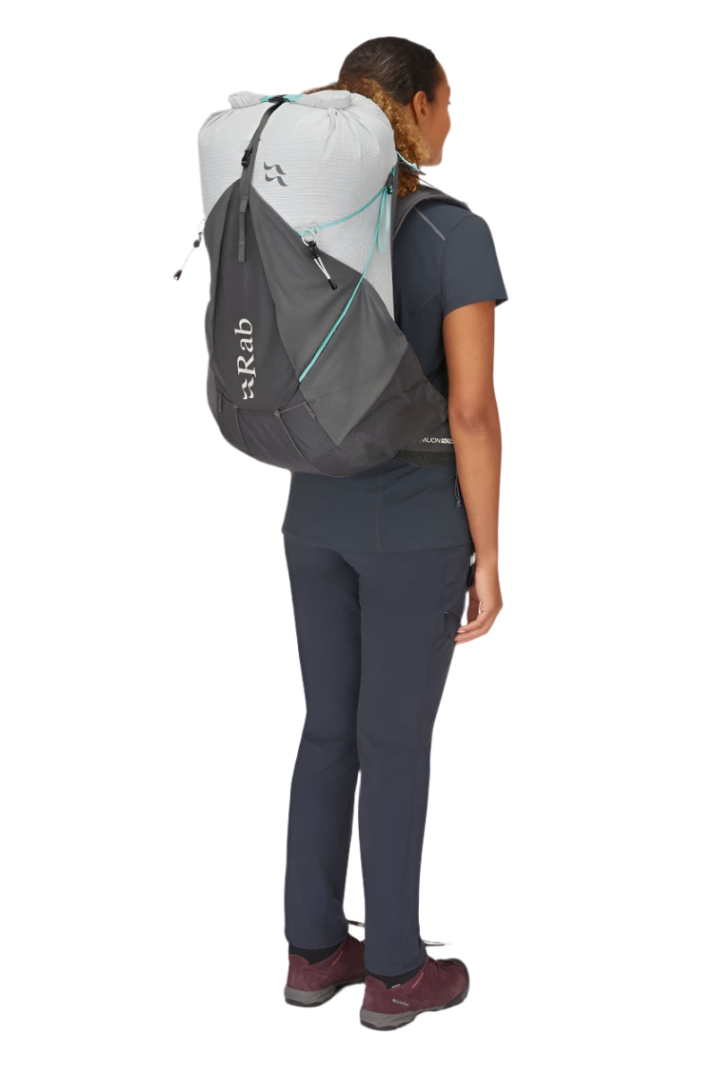 Rab Women's Muon ND40L Hiking Pack in Pewter/Graphene - On Model Side Profile