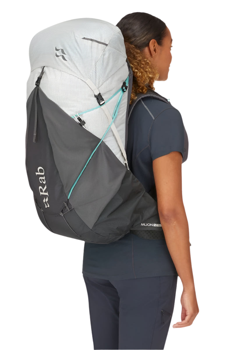 Rab Women's Muon ND50L Hiking Pack in Pewter/Graphene - On Model Front View