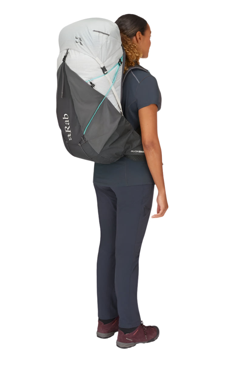 Rab Women's Muon ND50L Hiking Pack in Pewter/Graphene - On Model Side View