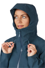 Rab Women's Namche GORE-TEX Jacket in Orion Blue - hood detail, worn