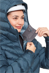 Rab Women's Nebitron Pro Insulated Jacket in Orion Blue - hood detail worn