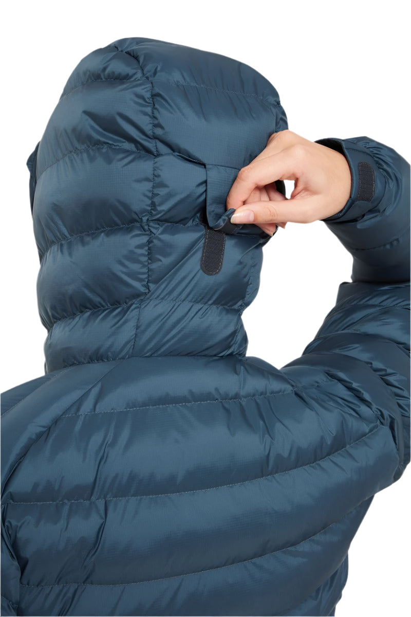 Rab Women's Nebitron Pro Insulated Jacket in Orion Blue - hood toggle detail worn