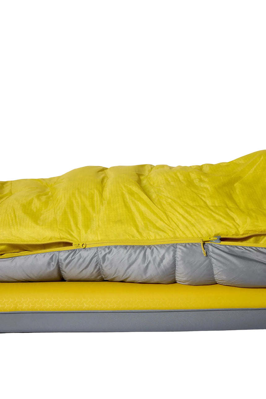 Rab Women's Neutrino Down Sleeping Bag (-6°C/20F) in Zinc/Dark Pollen - Model Lying Wide