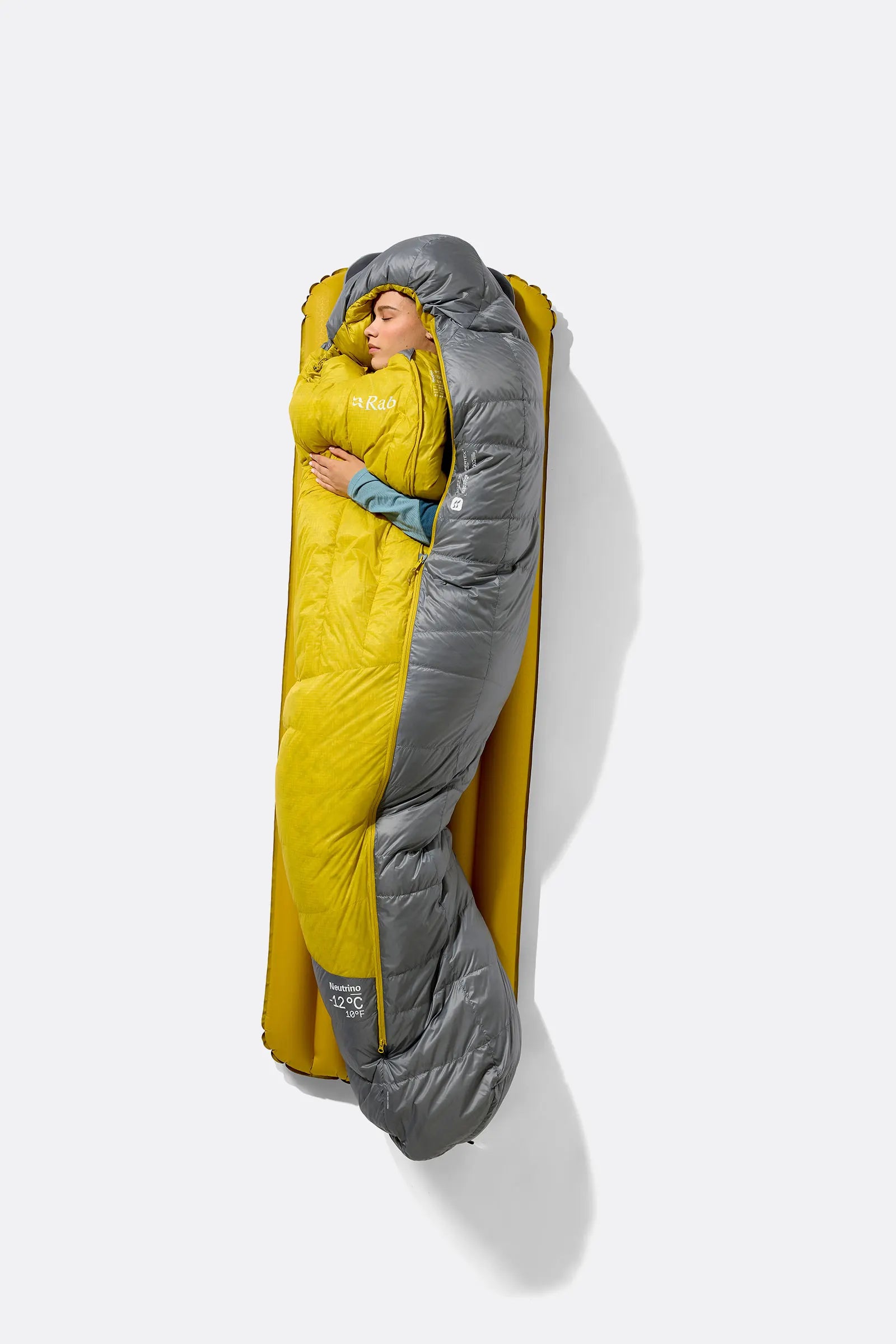 Rab Women's Neutrino Down Sleeping Bag (-6°C/20F) in Zinc/Dark Pollen - Packed Back