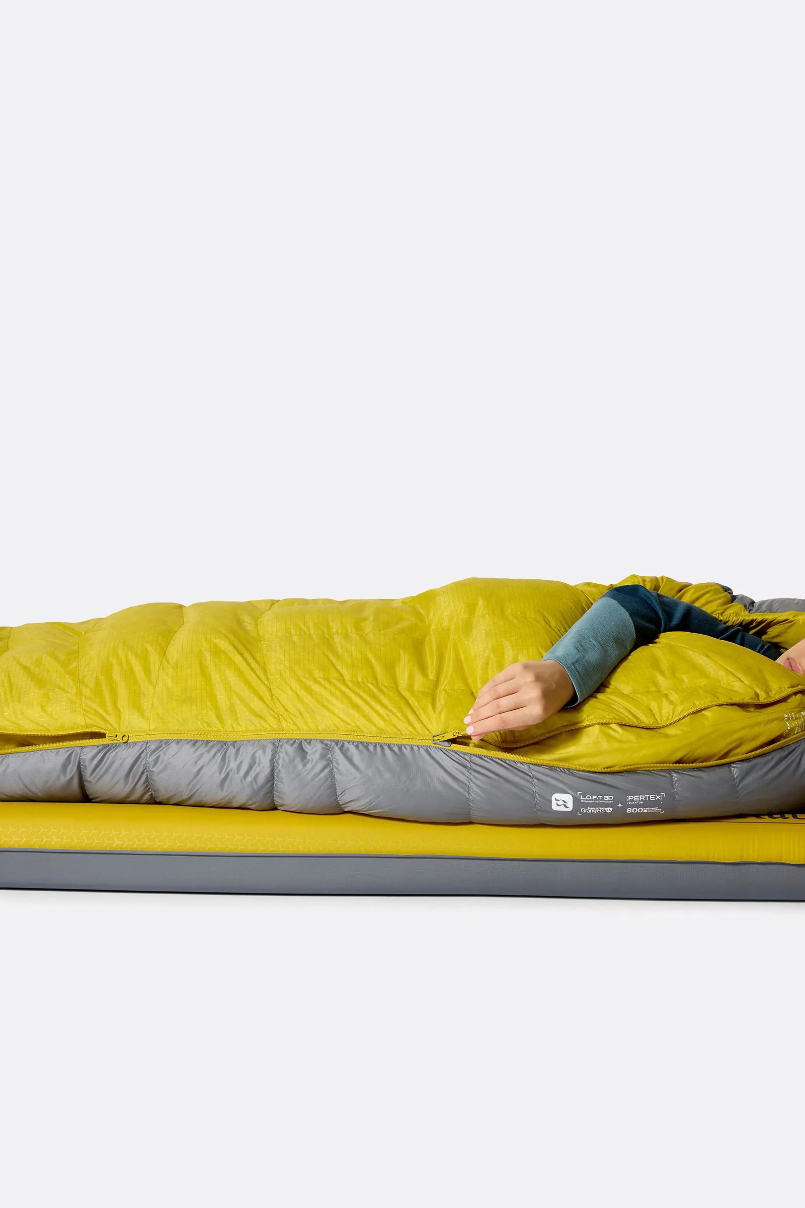 Rab Women's Neutrino Down Sleeping Bag in Zinc/Dark Pollen - worn side open