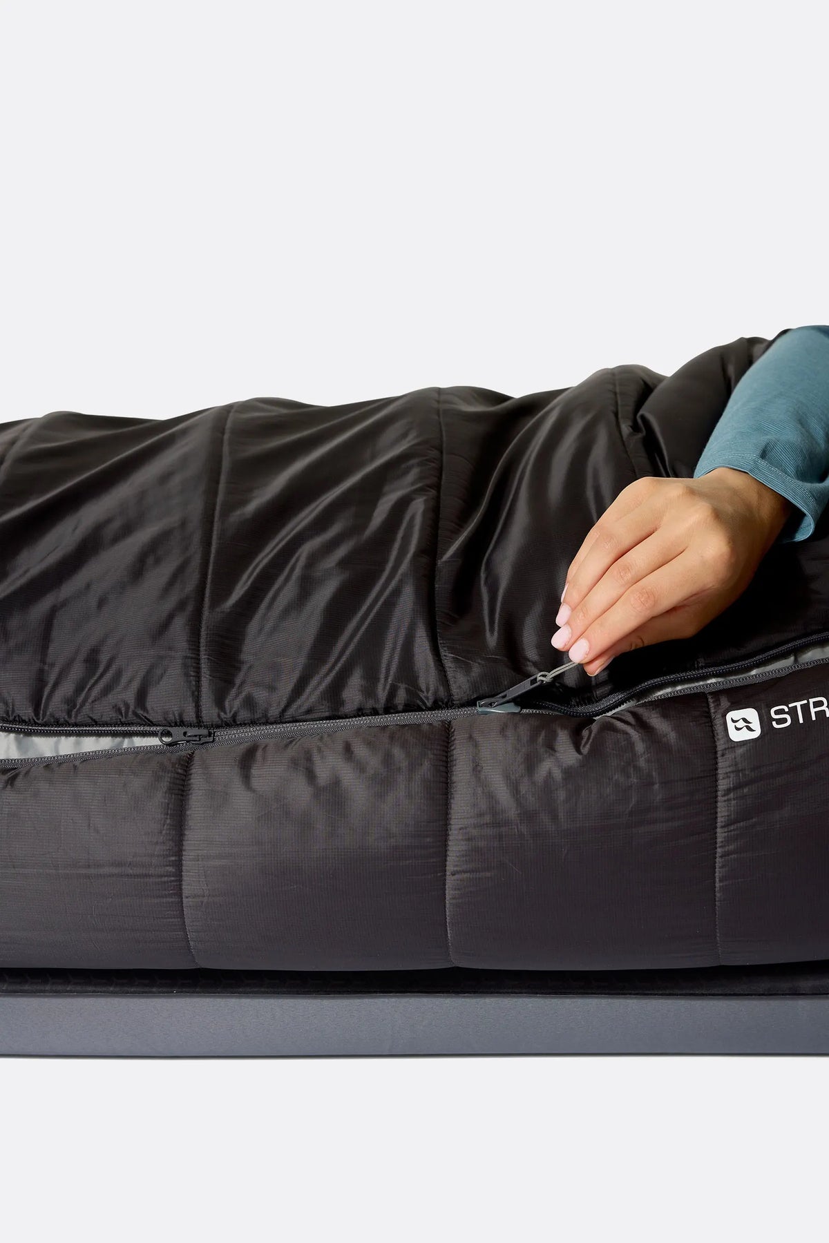 Rab Women's Radeon Synthetic Sleeping Bag (0°C/32F) in Dark Fig Green/Graphene - worn, drawcord detail