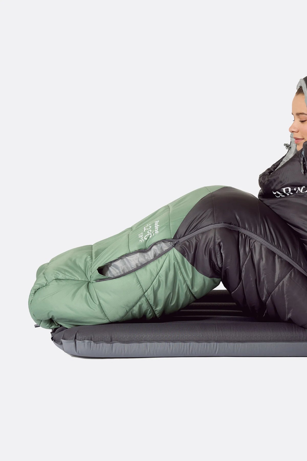 Rab Women's Radeon Synthetic Sleeping Bag (0°C/32F) in Dark Fig Green/Graphene - worn, fabric detail