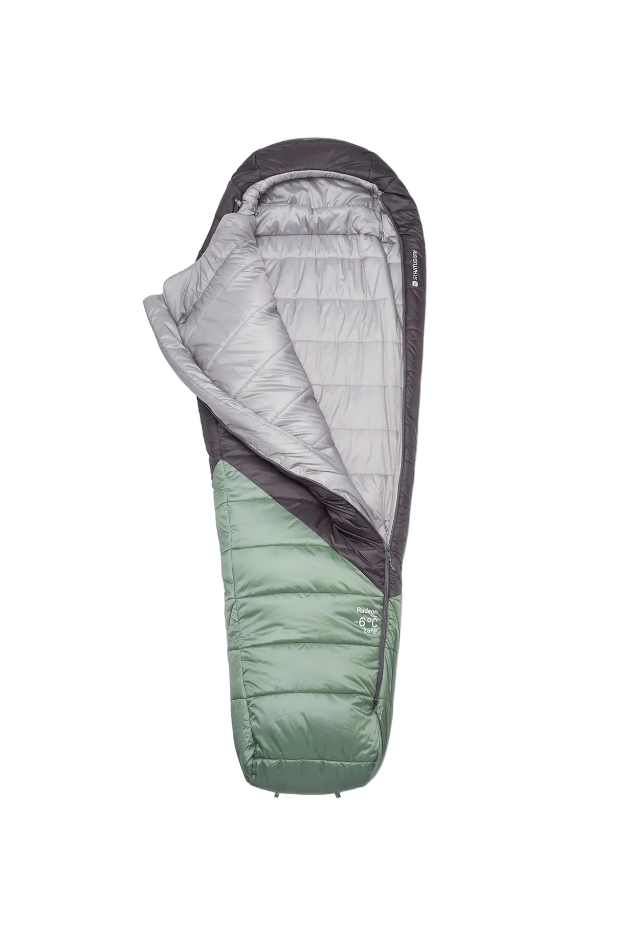 Rab Women's Radeon Synthetic Sleeping Bag (-6°C/20F) in Dark Fig Green/Graphene - unzipped, open