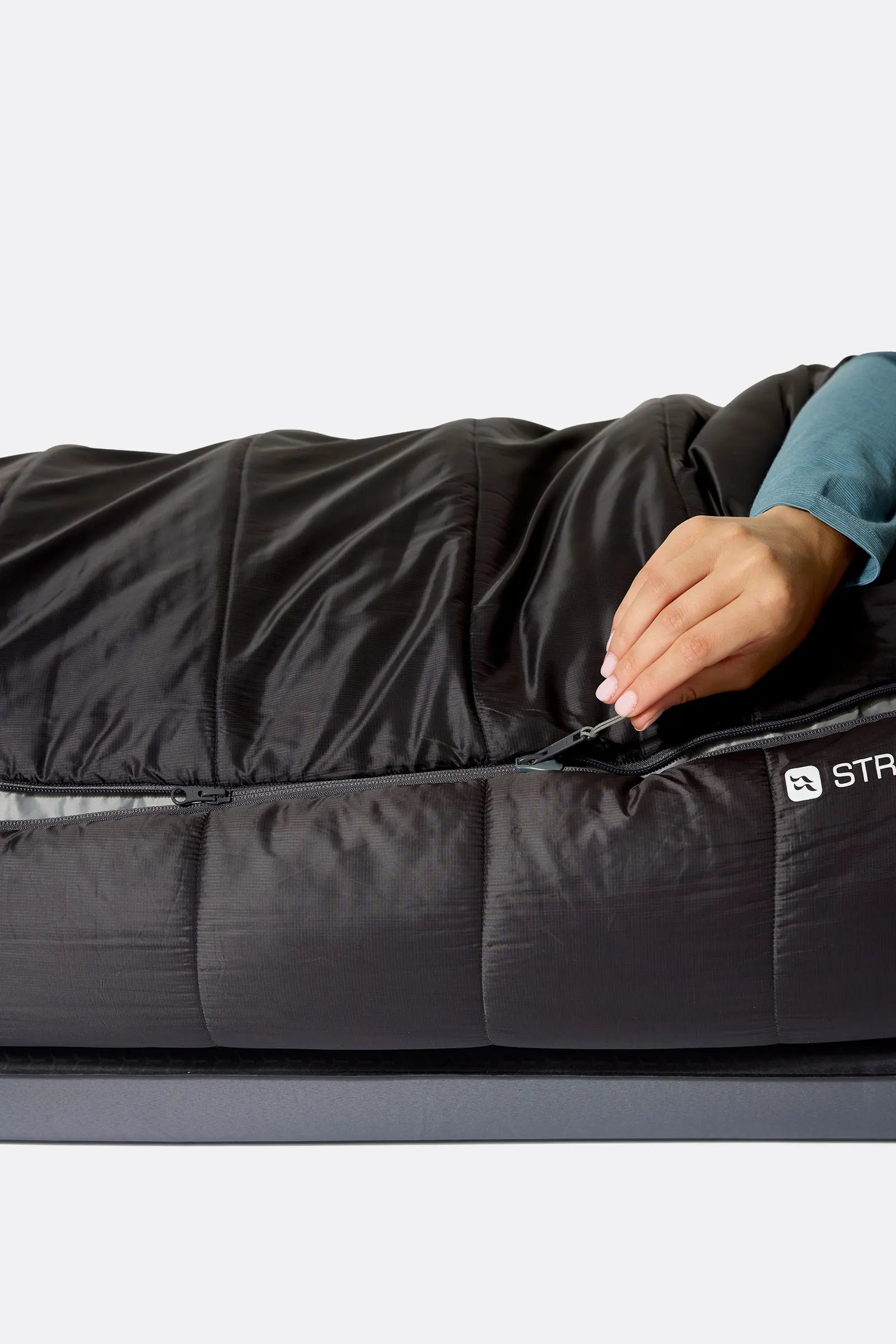 Rab Women's Radeon Synthetic Sleeping Bag (-6°C/20F) in Dark Fig Green/Graphene - worn, drawcord detail