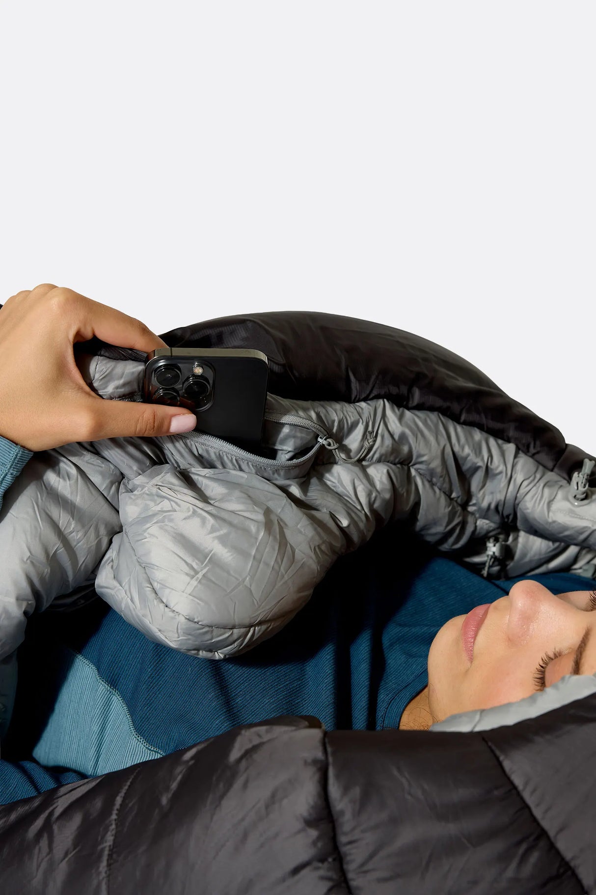 Rab Women's Radeon Synthetic Sleeping Bag (-6°C/20F) in Dark Fig Green/Graphene - worn, interior detail