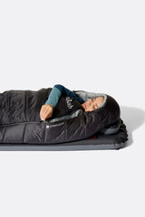 Rab Women's Radeon Synthetic Sleeping Bag (-6°C/20F) in Dark Fig Green/Graphene - worn, side sleeping close-up