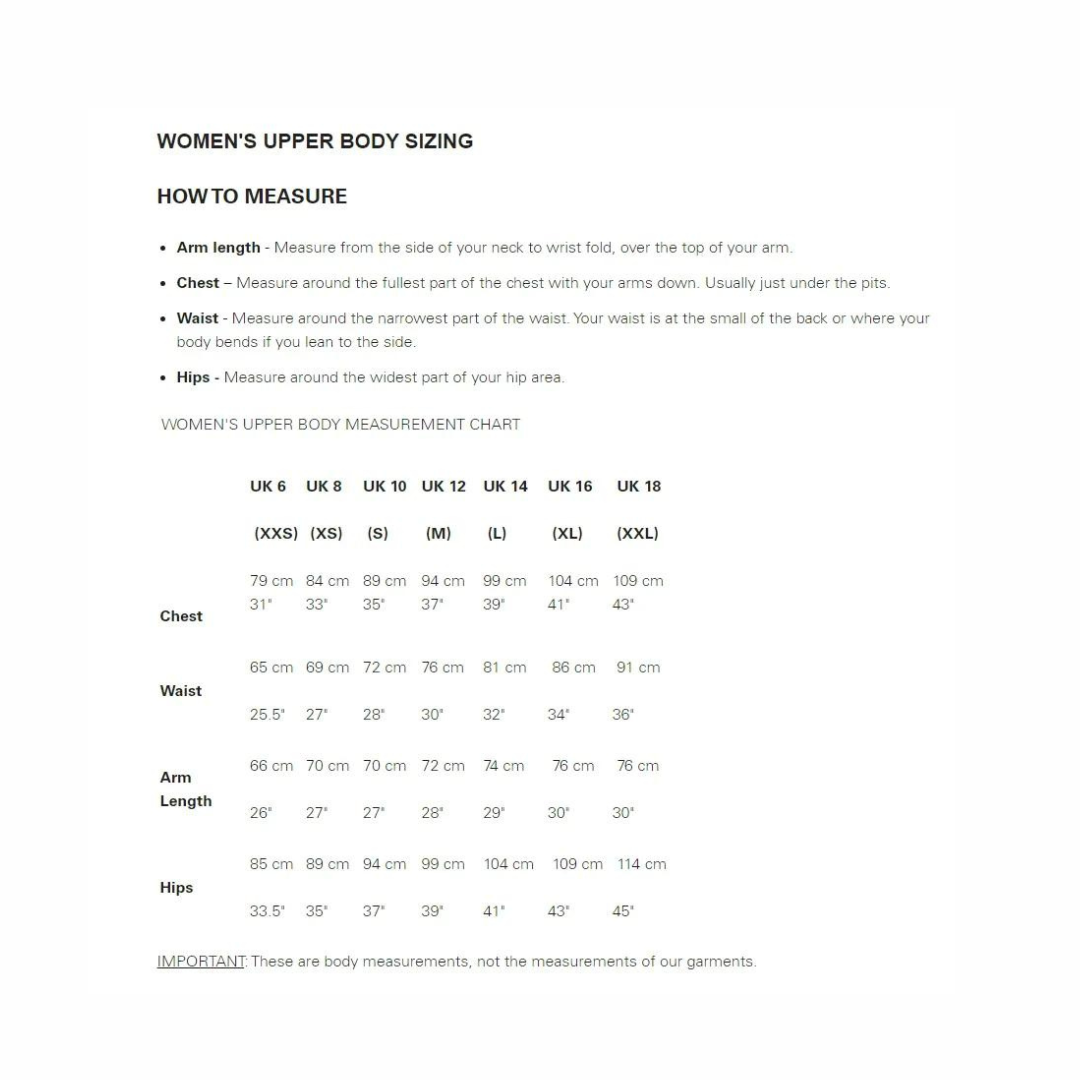 Rab Women's Stance Vintage Tee sizing chart