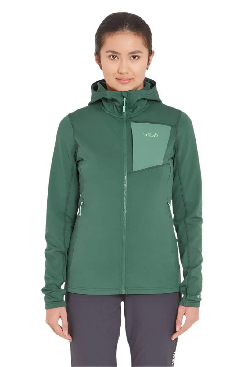 Rab Women's Superflux Hoody in Green Slate - worn