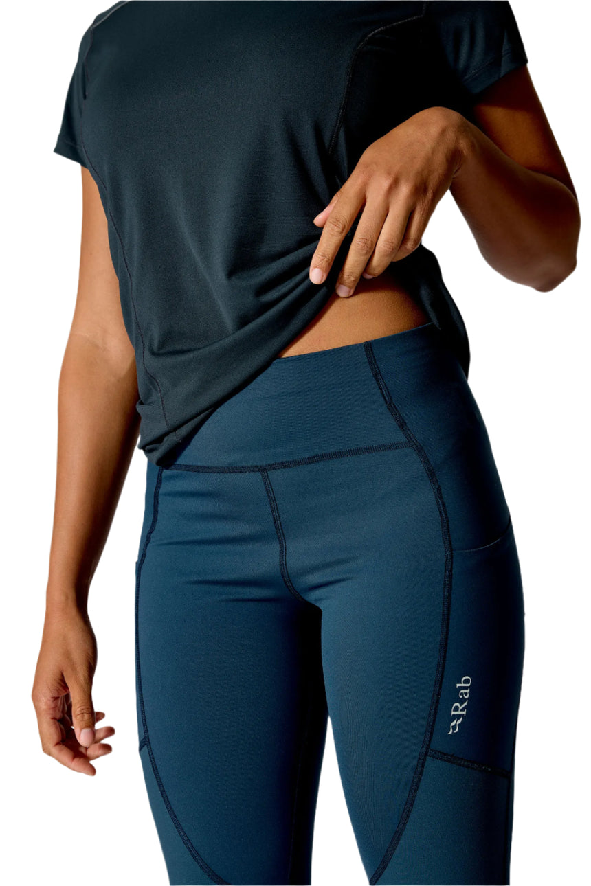 Rab Women's Torque Tights in Tempest Blue - waistband detail (cropped)