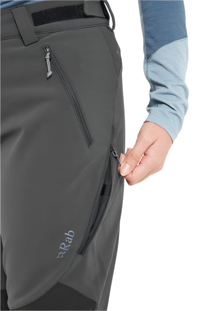 Rab Women's Torque Winter Pants in Black - thigh zip pocket detail
