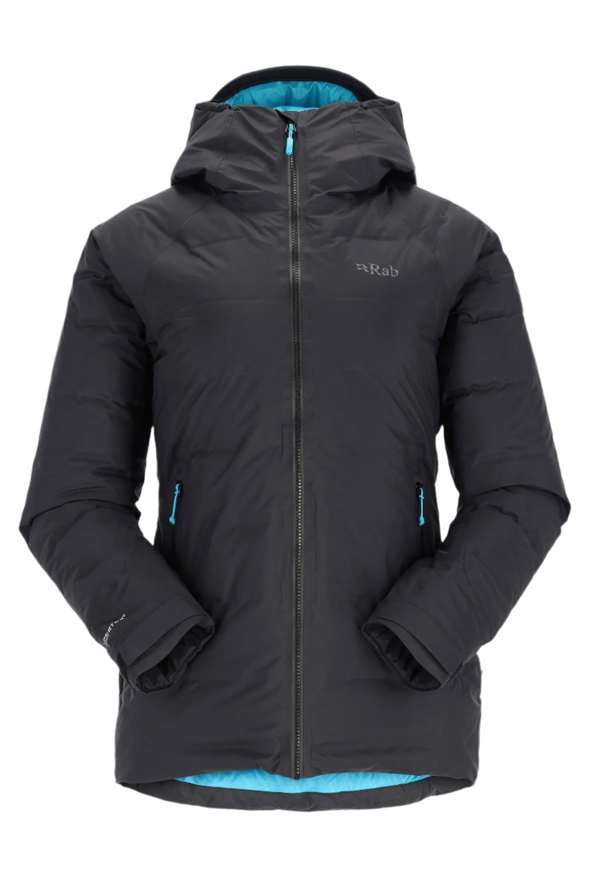 Rab Women's Valiance Waterproof Down Jacket in Black/Aquamarine - front