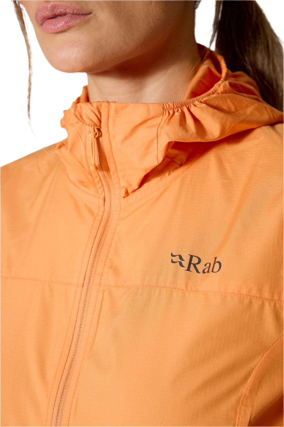 Rab Women's Windgather Hooded Jacket in Orange - collar detail worn