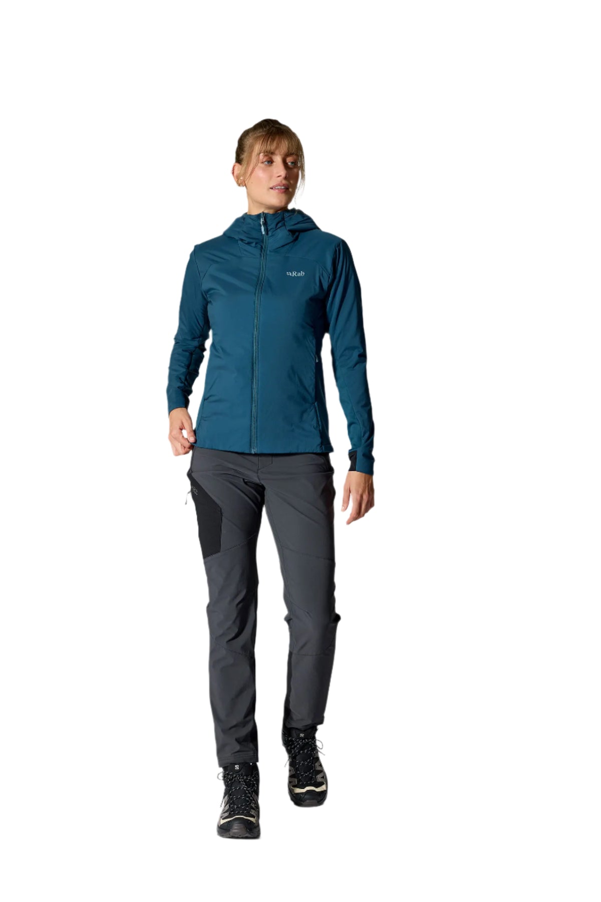 Rab Women's Xenair Alpine Flex Insulated Jacket in Tempest Blue - front, worn