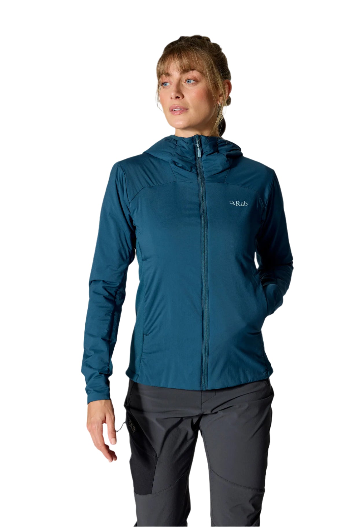 Rab Women's Xenair Alpine Flex Insulated Jacket in Tempest Blue - hood detail, back