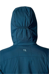 Rab Women's Xenair Alpine Flex Insulated Jacket in Tempest Blue - hood, worn